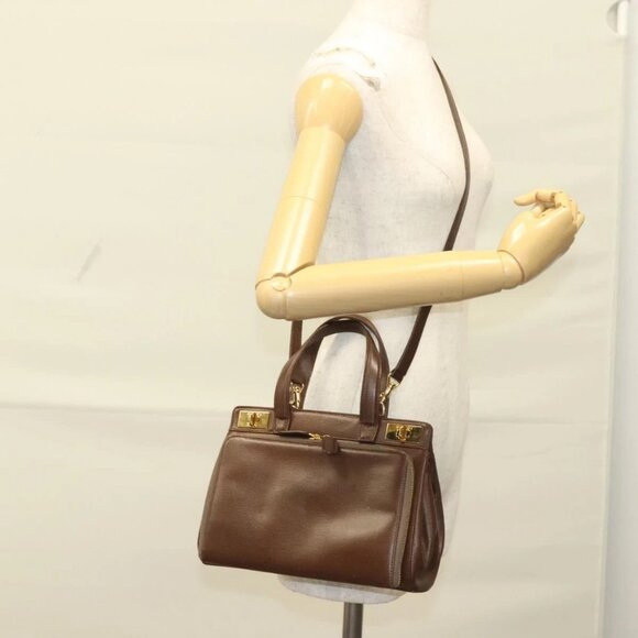 GUCCI Hand Bag Leather 2way Brown Gold Auth - Picture 1 of 16